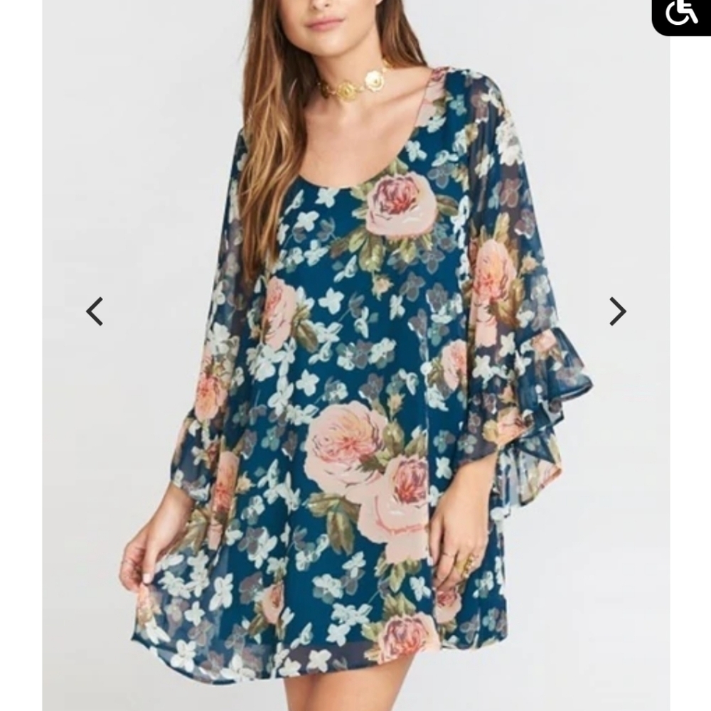 Show Me Your Mumu Teal Floral Chiffon Dress with Pink Roses